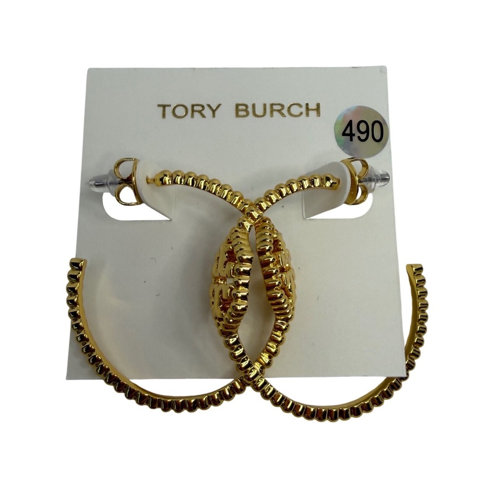 Tory Burch Milgrain‎ Gold Tone Textured Logo Hoop Earrings Post Back NWT Luxury